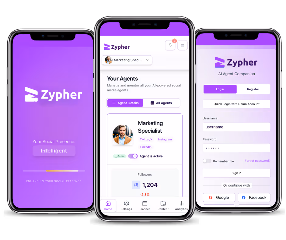 Zypher AI mobile app interface showing agent management and analytics