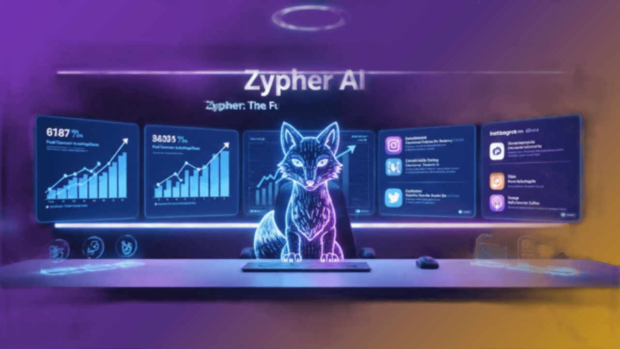 Zypher AI dashboard with analytics and social media automation tools